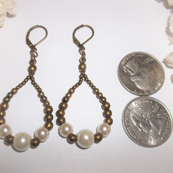 Hoops White Faux Pearl and Bronze Boho Style Jewelry Gift Idea for Her Set 7043 - Picture 2 of 6